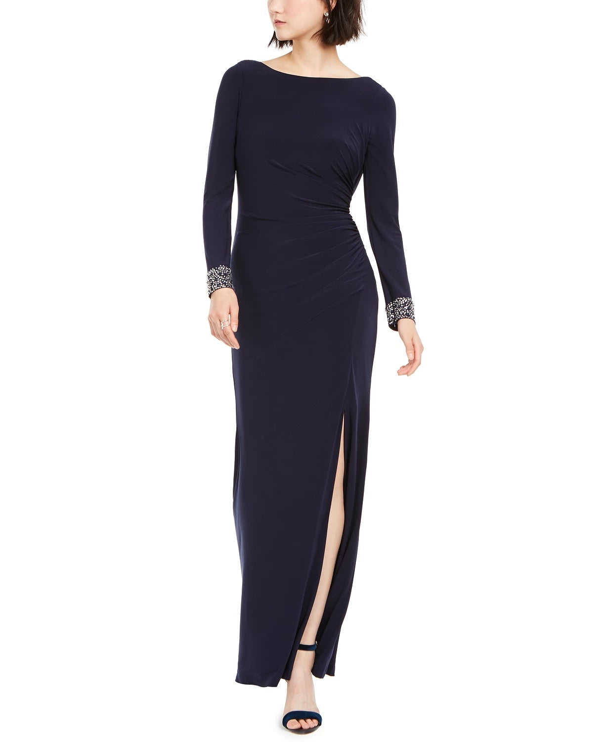 Vestido feminino Vince Camuto com decote profundo e costas drapeadas, azul-marinho, tamanho 8