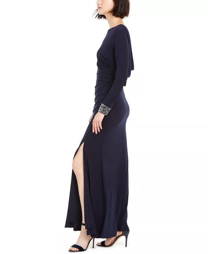 Vestido feminino Vince Camuto com decote profundo e costas drapeadas, azul-marinho, tamanho 8