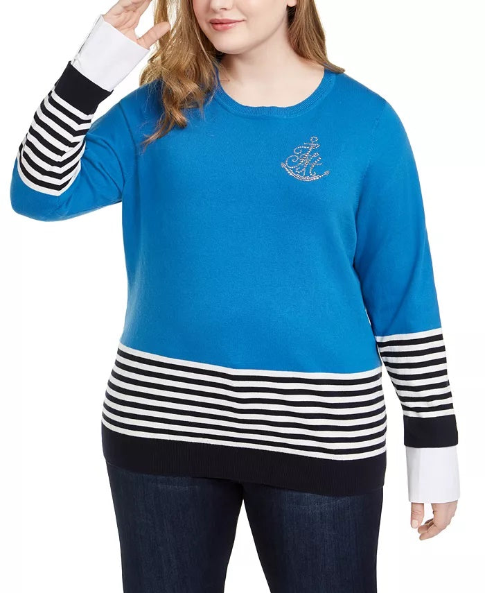 Suéter feminino Tommy Hilfiger de algodão listrado com detalhes, azul, tamanho 3X