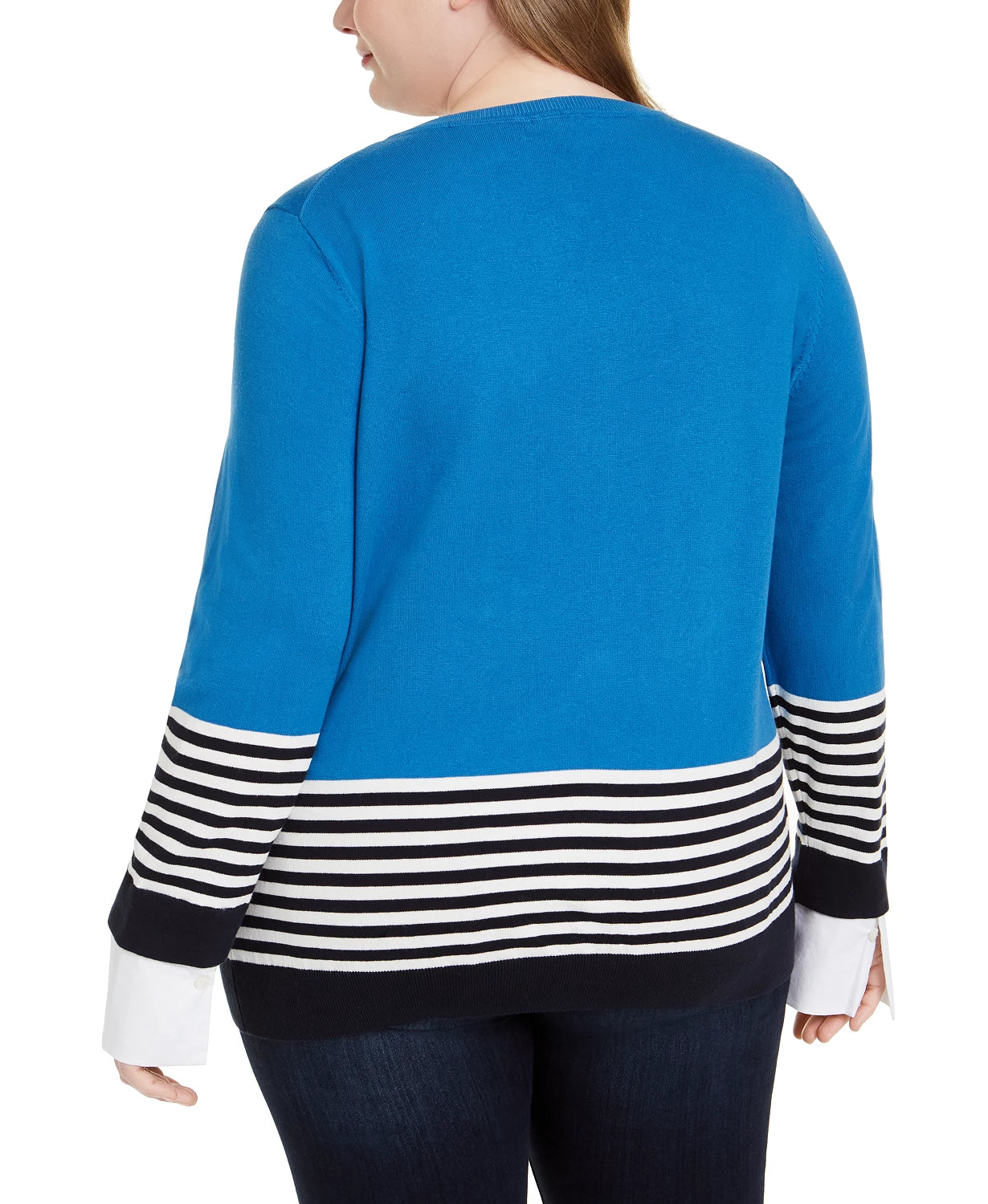 Suéter feminino Tommy Hilfiger de algodão listrado com detalhes, azul, tamanho 3X