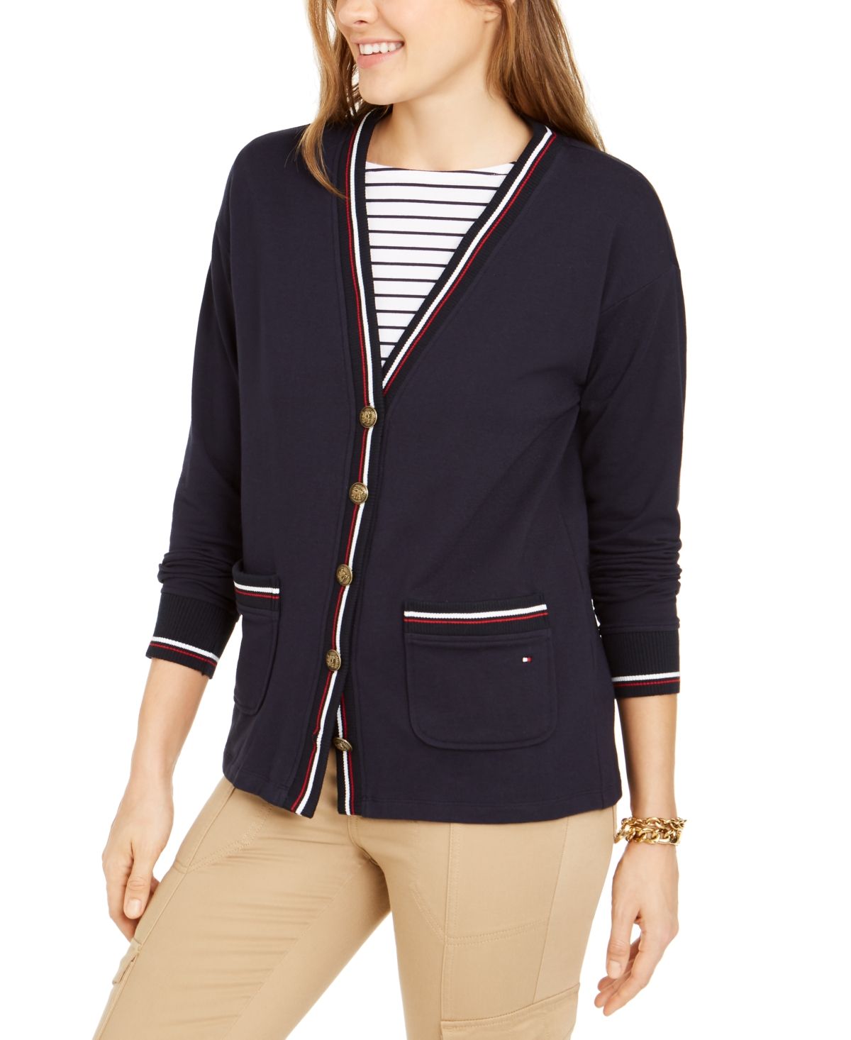 Cardigan listrado feminino Tommy Hilfiger azul-marinho tamanho 1X