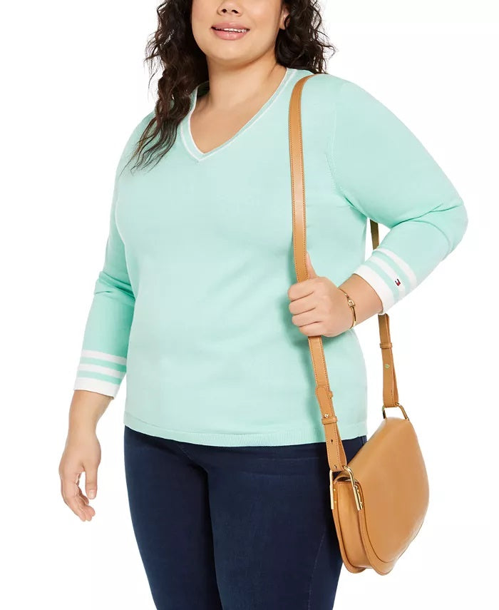 Tommy Hilfiger Suéter Feminino Plus Size de Algodão com Gola V Verde Tamanho 2X