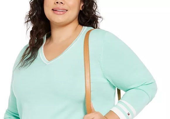 Tommy Hilfiger Suéter Feminino Plus Size de Algodão com Gola V Verde Tamanho 2X
