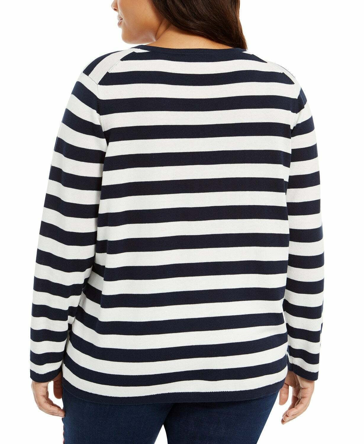 Suéter feminino Tommy Hilfiger Plus Size com logo listrado Ivy, azul, tamanho 2X