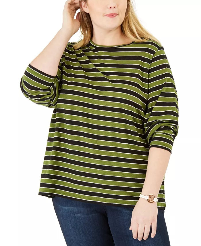 Camiseta feminina listrada Michael Kors Plus com gola redonda, verde, tamanho 2X