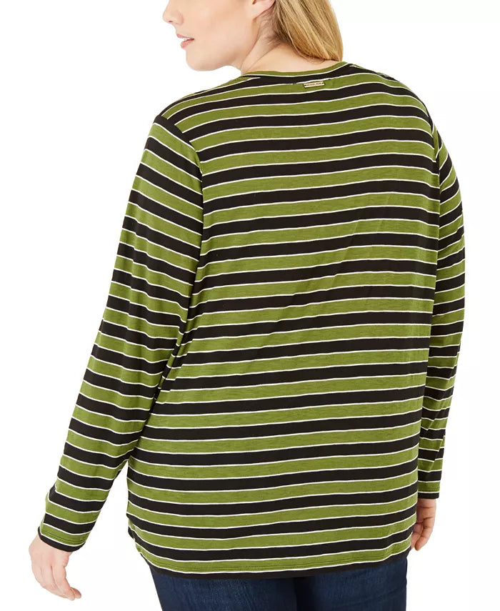 Camiseta feminina listrada Michael Kors Plus com gola redonda, verde, tamanho 2X