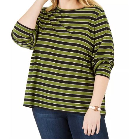 Camiseta feminina listrada Michael Kors Plus com gola redonda, verde, tamanho 2X