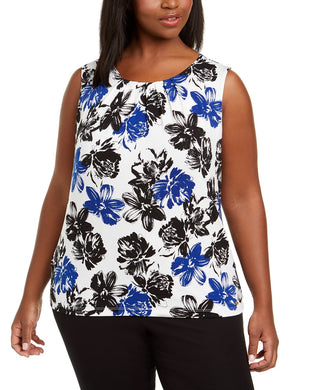 Blusa feminina Calvin Klein com pregas florais e gola alta, azul, tamanho 1X