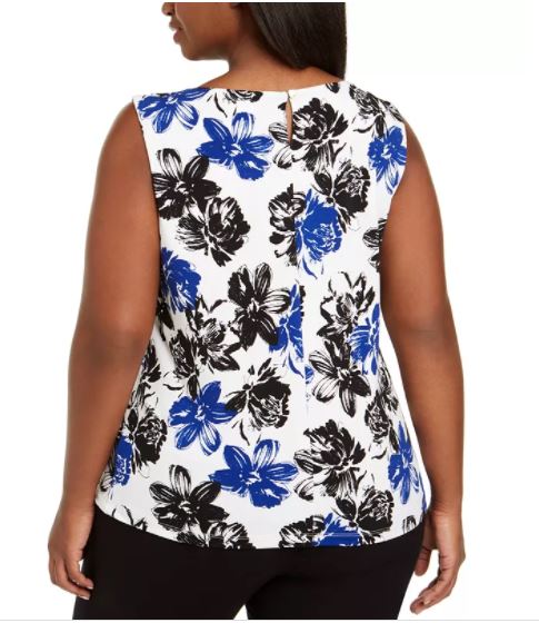 Blusa feminina Calvin Klein com pregas florais e gola alta, azul, tamanho 1X