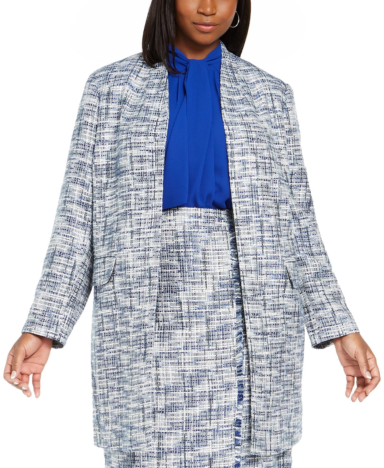 Jaqueta Calvin Klein Feminina Tweed Aberta Frente Topper Azul Tamanho Pequeno Pequeno