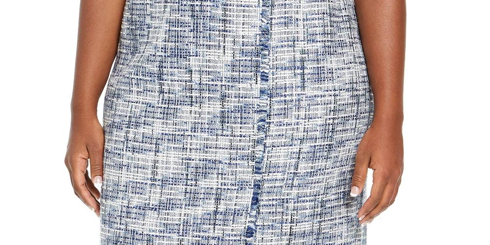 Saia lápis feminina Calvin Klein Tweed com franjas, azul, tamanho 18W