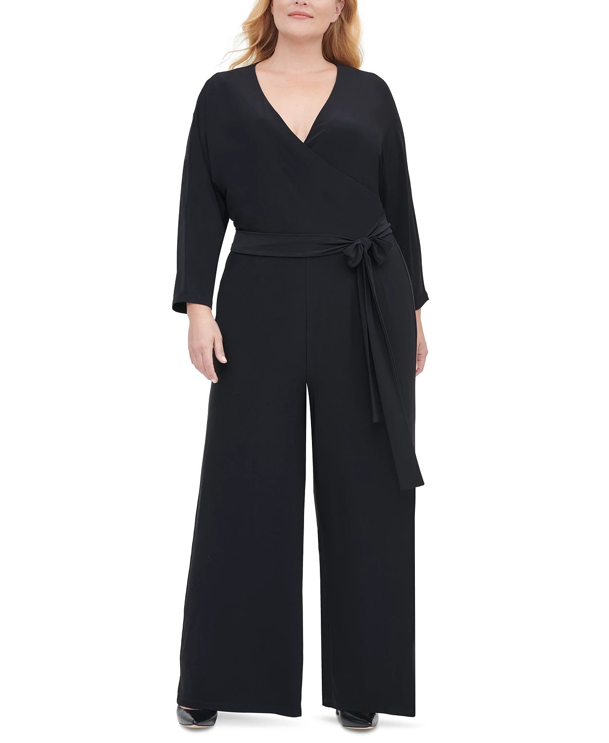 Macacão feminino plus size Tommy Hilfiger com sobrepeliz e pernas largas, preto, tamanho 18W