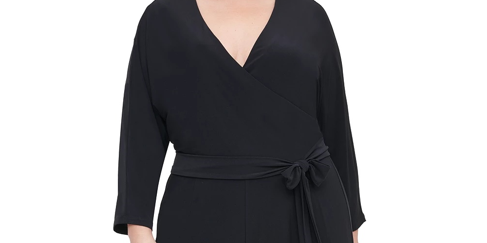 Macacão feminino plus size Tommy Hilfiger com sobrepeliz e pernas largas, preto, tamanho 18W