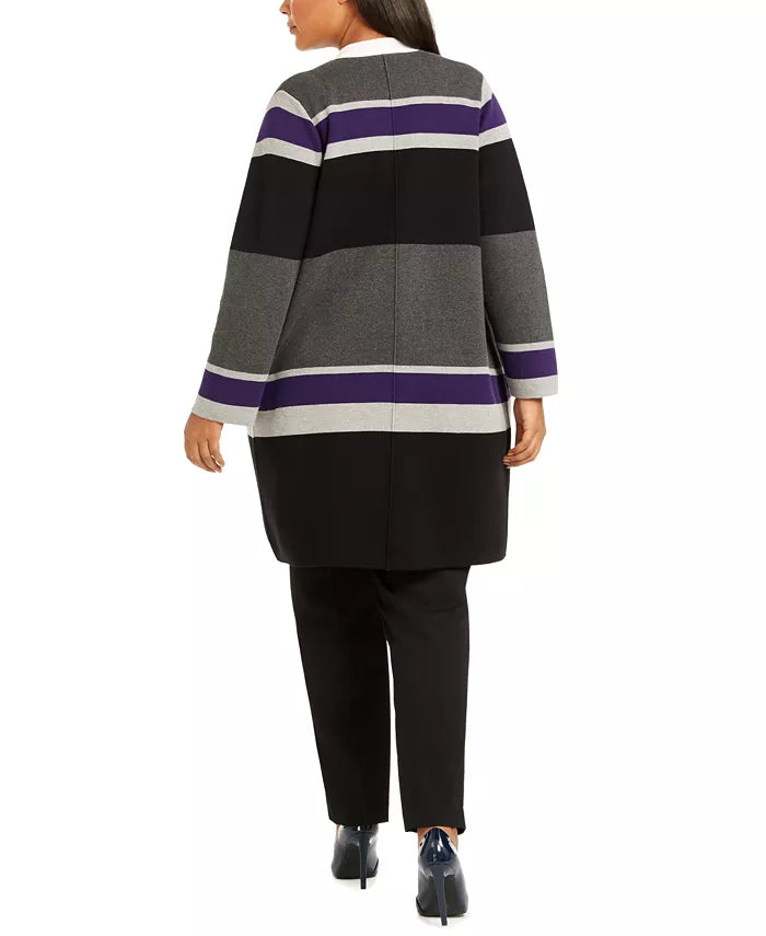 Calvin Klein Cardigan Feminino Plus Listrado Frente Aberta Cinza Tamanho 1X
