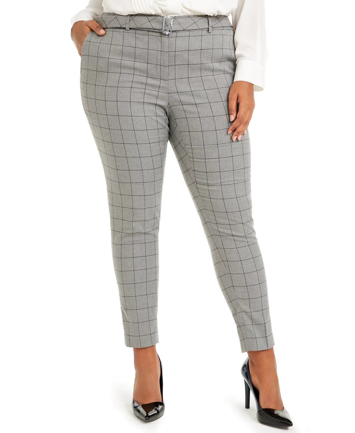 Calça feminina plus size Calvin Klein com cinto e estampa de janela, perna justa, cinza, tamanho 18W