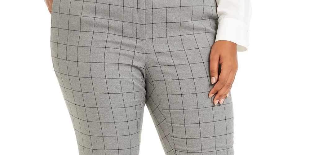 Calça feminina plus size Calvin Klein com cinto e estampa de janela, perna justa, cinza, tamanho 18W