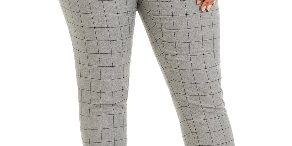 Calça feminina plus size Calvin Klein com cinto e estampa de janela, perna justa, cinza, tamanho 18W