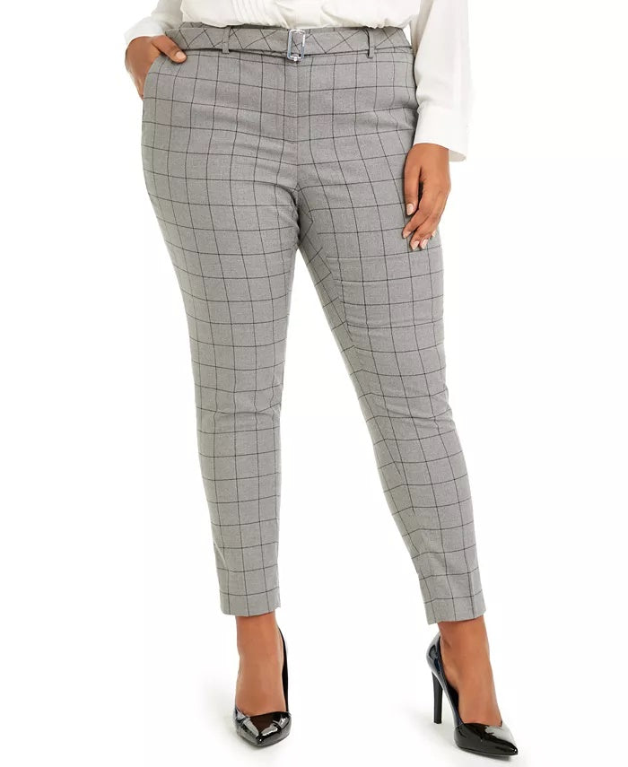 Calça feminina plus size Calvin Klein com cinto e estampa de janela, perna justa, cinza, tamanho 24W