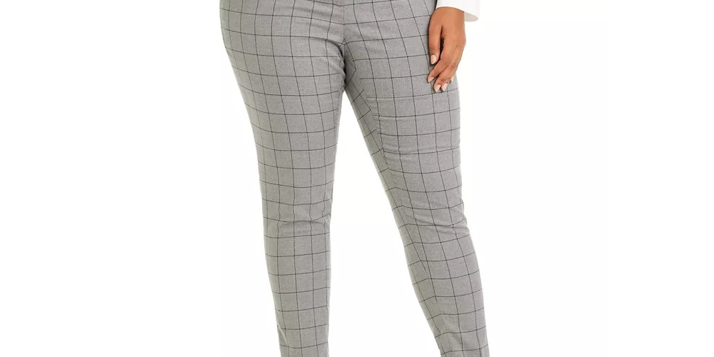 Calça feminina plus size Calvin Klein com cinto e estampa de janela, perna justa, cinza, tamanho 24W