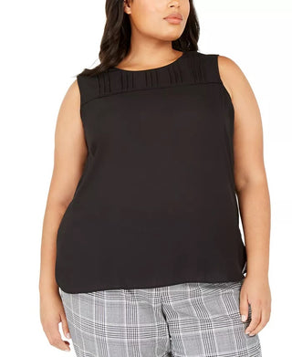 Blusa feminina plus size Calvin Klein sem mangas com gola plissada, preta, tamanho 1X