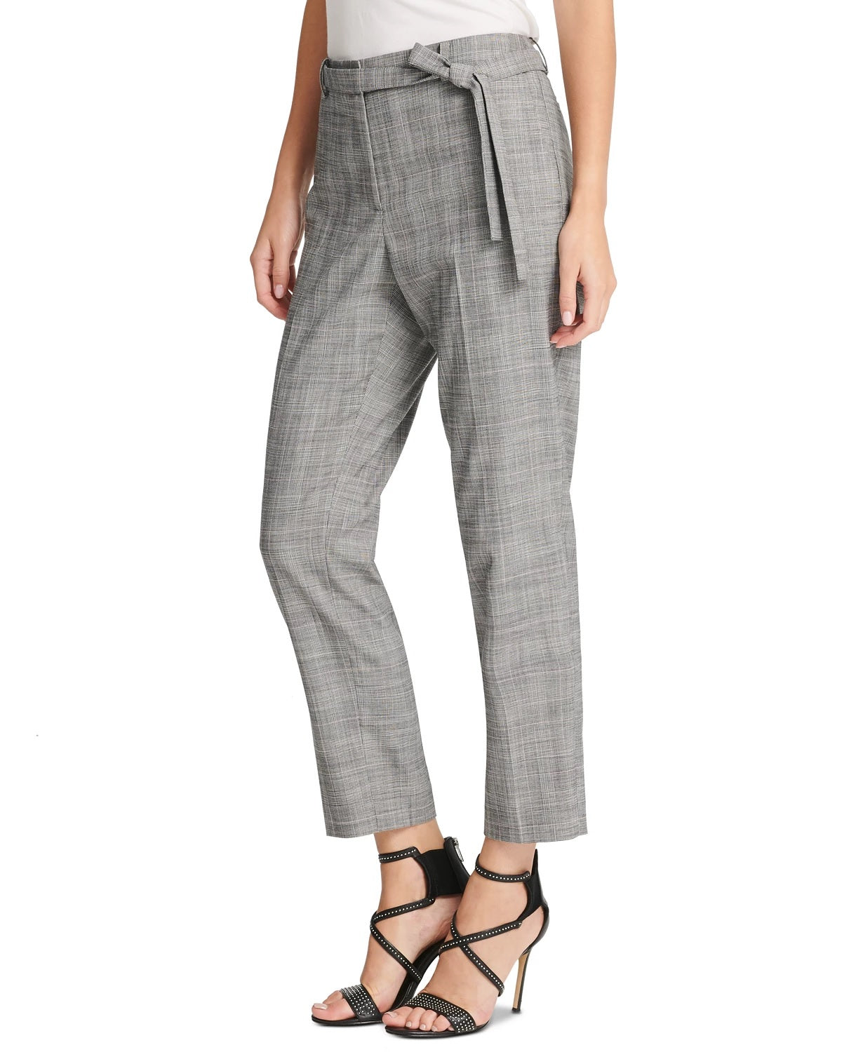 Calça xadrez DKNY Petite Belted Essex Ankle Plaid Feminina Cinza Tamanho 0,6