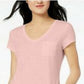Camiseta feminina Maison Jules com decote em V e bolso aplicado, rosa, tamanho pequeno