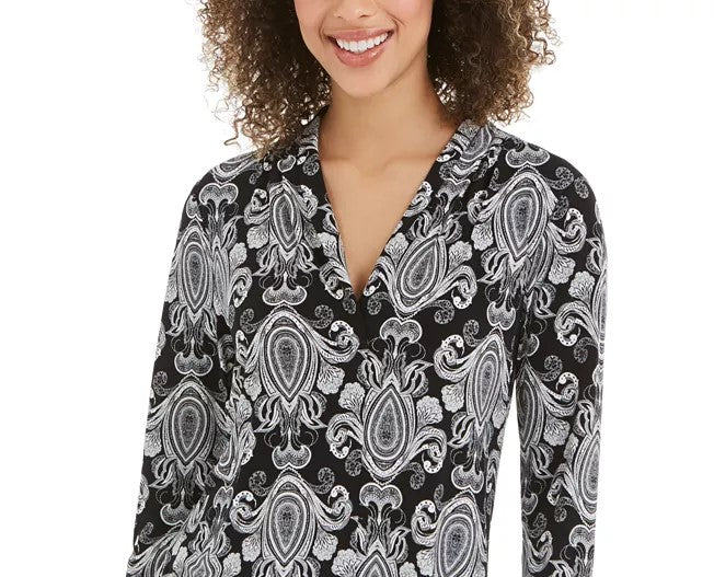 Top feminino estampado com decote em V, preto, tamanho médio, Charter Club