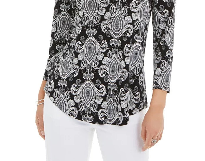 Top feminino estampado com decote em V, preto, tamanho médio, Charter Club