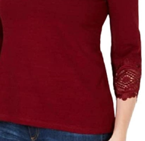 Top feminino de algodão com acabamento em renda Charter Club, tamanho vinho, médio