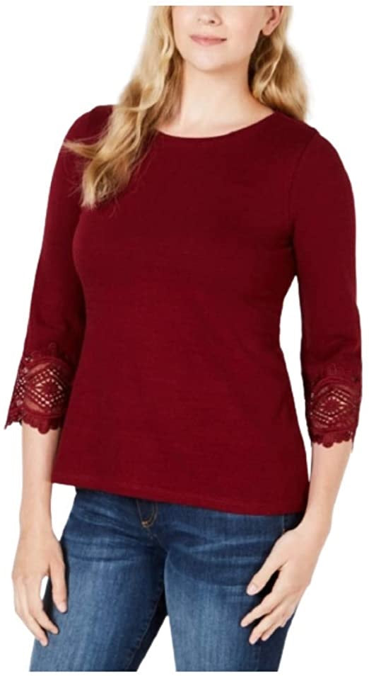 Top feminino de algodão com acabamento em renda Charter Club, tamanho vinho, tamanho extragrande