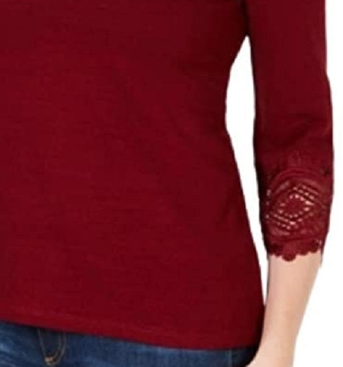 Top feminino de algodão com acabamento em renda Charter Club, tamanho vinho, tamanho extragrande