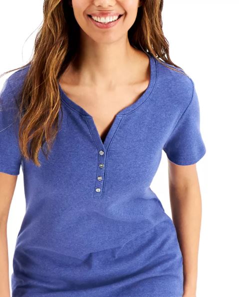 Karen Scott Top Henley de manga curta feminino Turq Aqua tamanho grande
