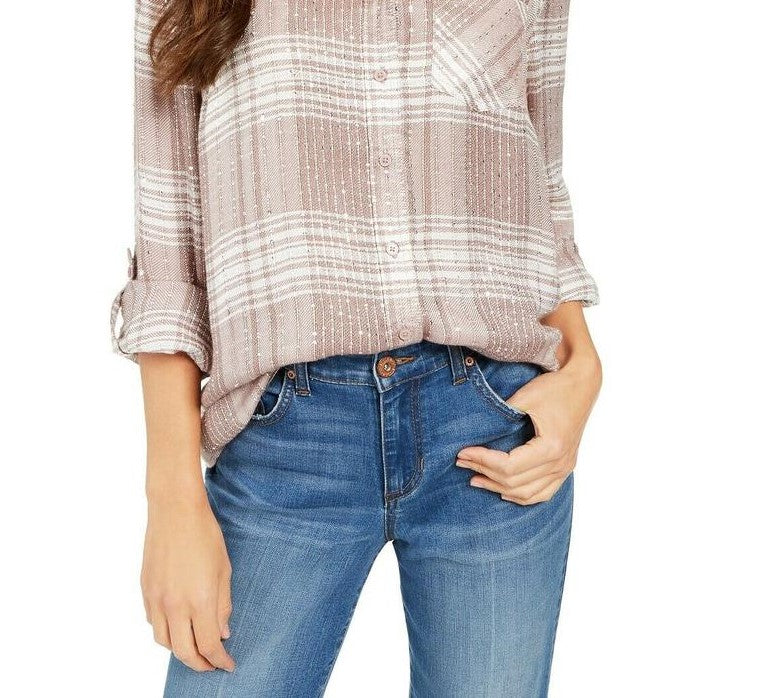 Camisa xadrez brilhante feminina Style &amp; Co, bege, tamanho grande