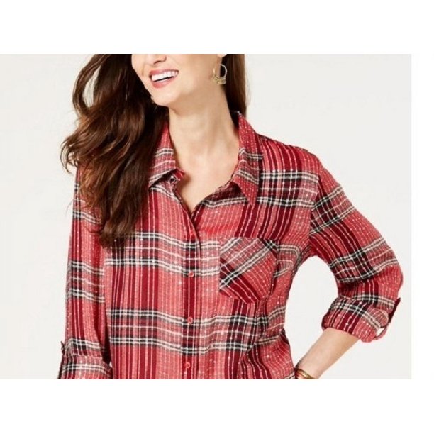 Camisa xadrez brilhante feminina Style &amp; Co, tamanho médio, vermelha, pequena