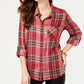 Camisa xadrez brilhante feminina Style &amp; Co, tamanho médio, vermelha, pequena