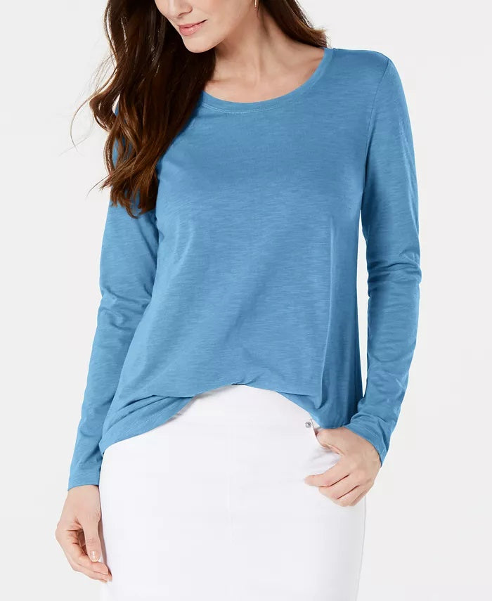 Blusa feminina de manga comprida e gola redonda, azul, tamanho médio, Style &amp; Co