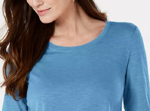 Blusa feminina de manga comprida e gola redonda, azul, tamanho médio, Style &amp; Co