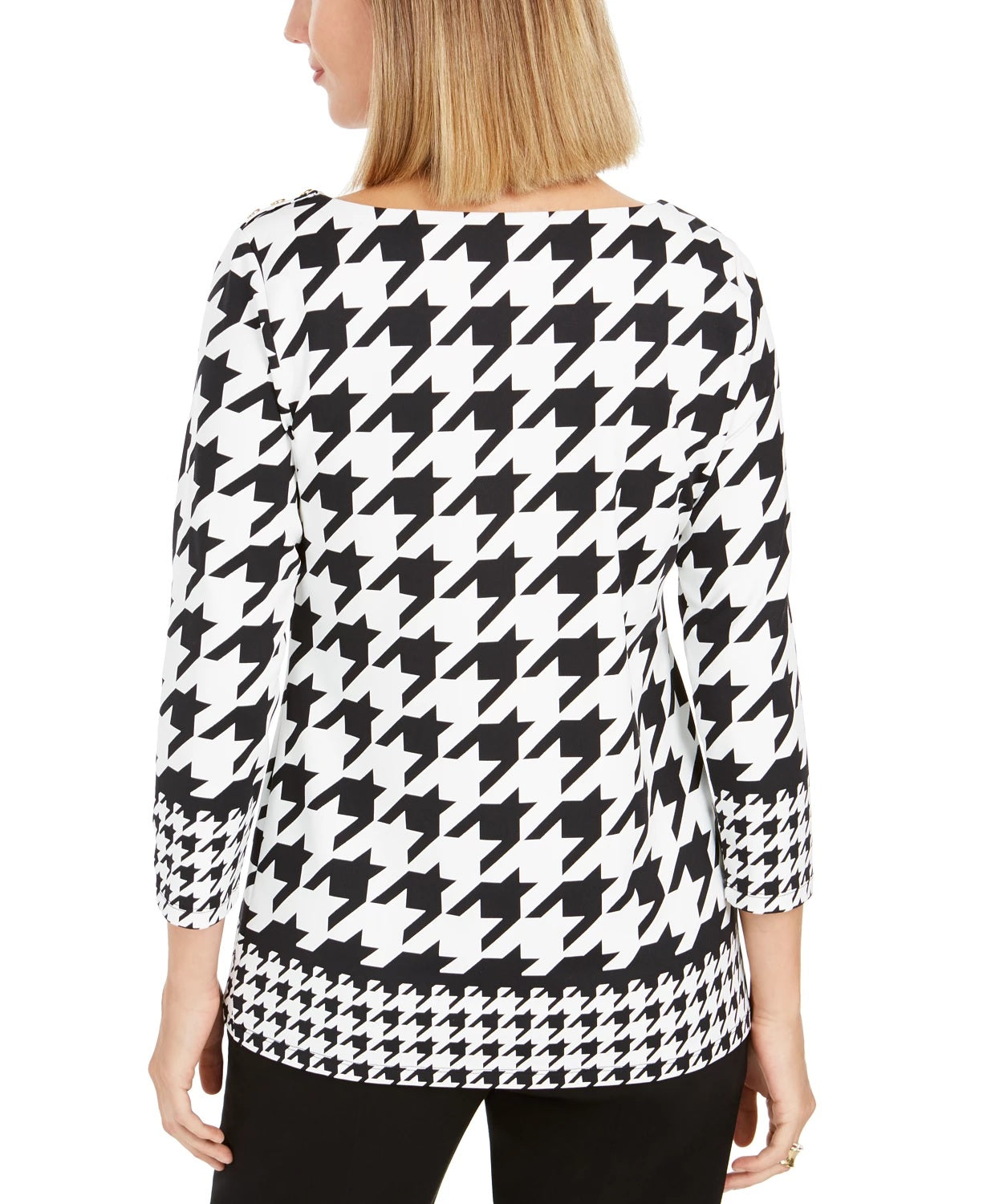 Charter Club Top feminino pequeno com botões e estampa pied-de-poule, preto, tamanho pequeno