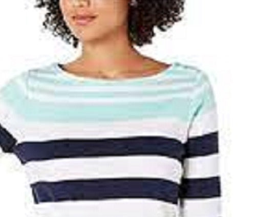 Charter Club Blusa feminina de algodão Pima com botões e listras, azul, tamanho pequeno