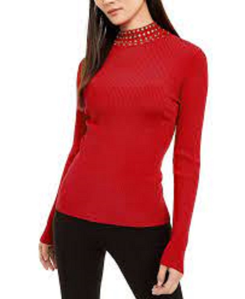 INC International Concepts Feminino Gola Alta em Malha Canelada Embelezada Vermelho Tamanho P