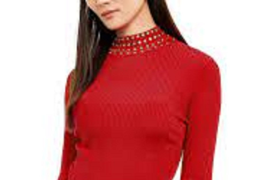 INC International Concepts Feminino Gola Alta em Malha Canelada Embelezada Vermelho Tamanho P