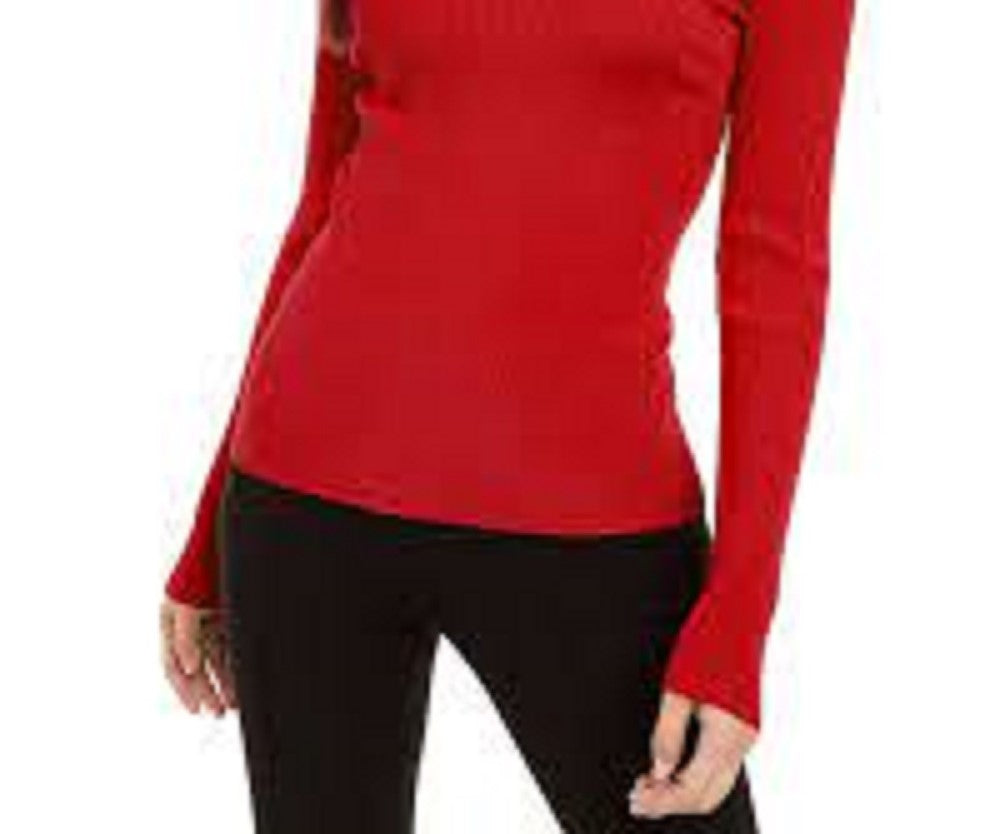 INC International Concepts Feminino Gola Alta em Malha Canelada Embelezada Vermelho Tamanho P