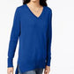 Suéter túnica feminino Maison Jules de algodão com decote em V, azul, tamanho X-S