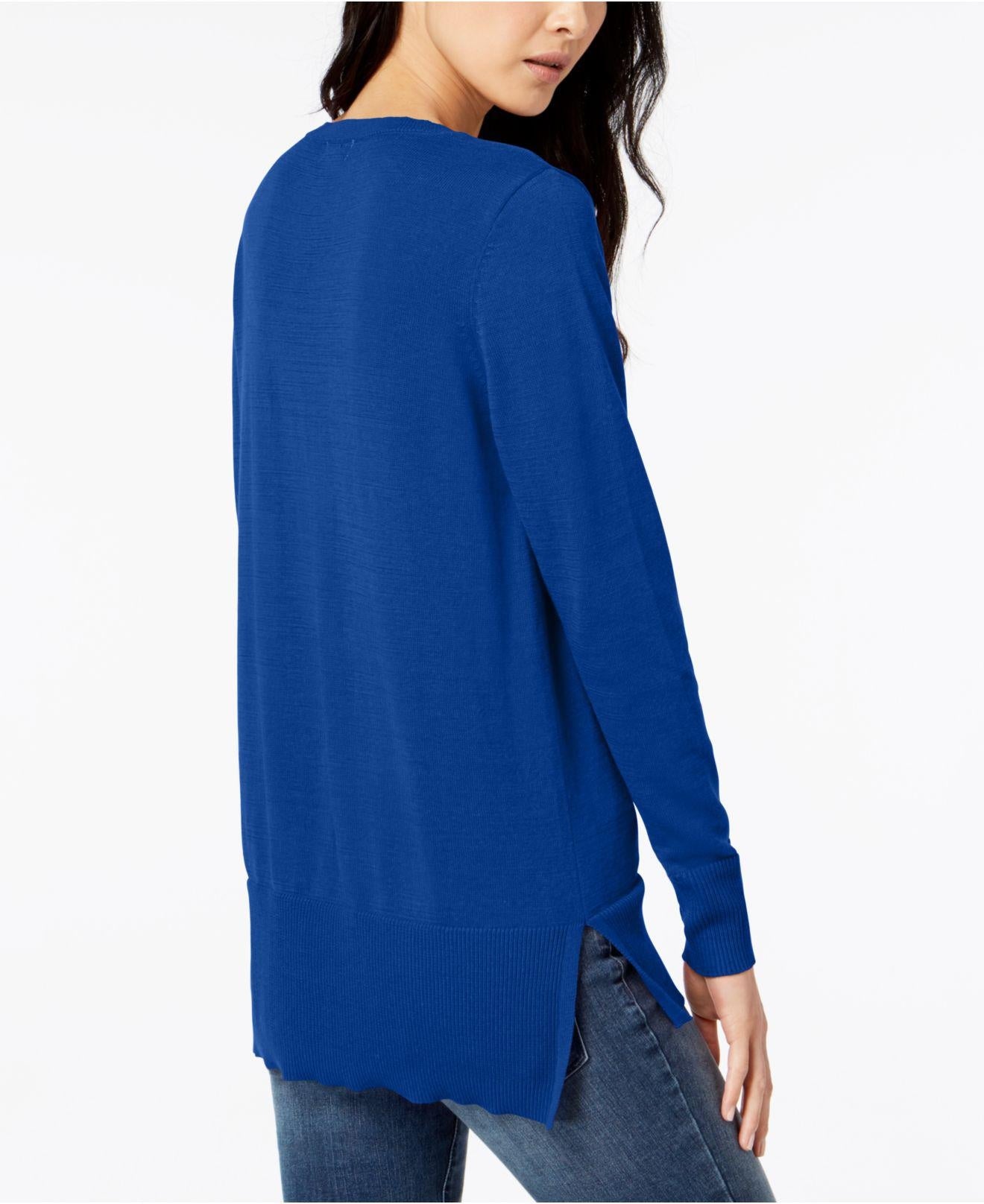 Suéter túnica feminino Maison Jules de algodão com decote em V, azul, tamanho X-S