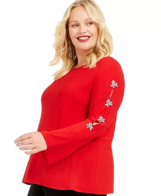 INC International Concepts Women's Embellished Sleeve Top Dark Red Size Petite Small