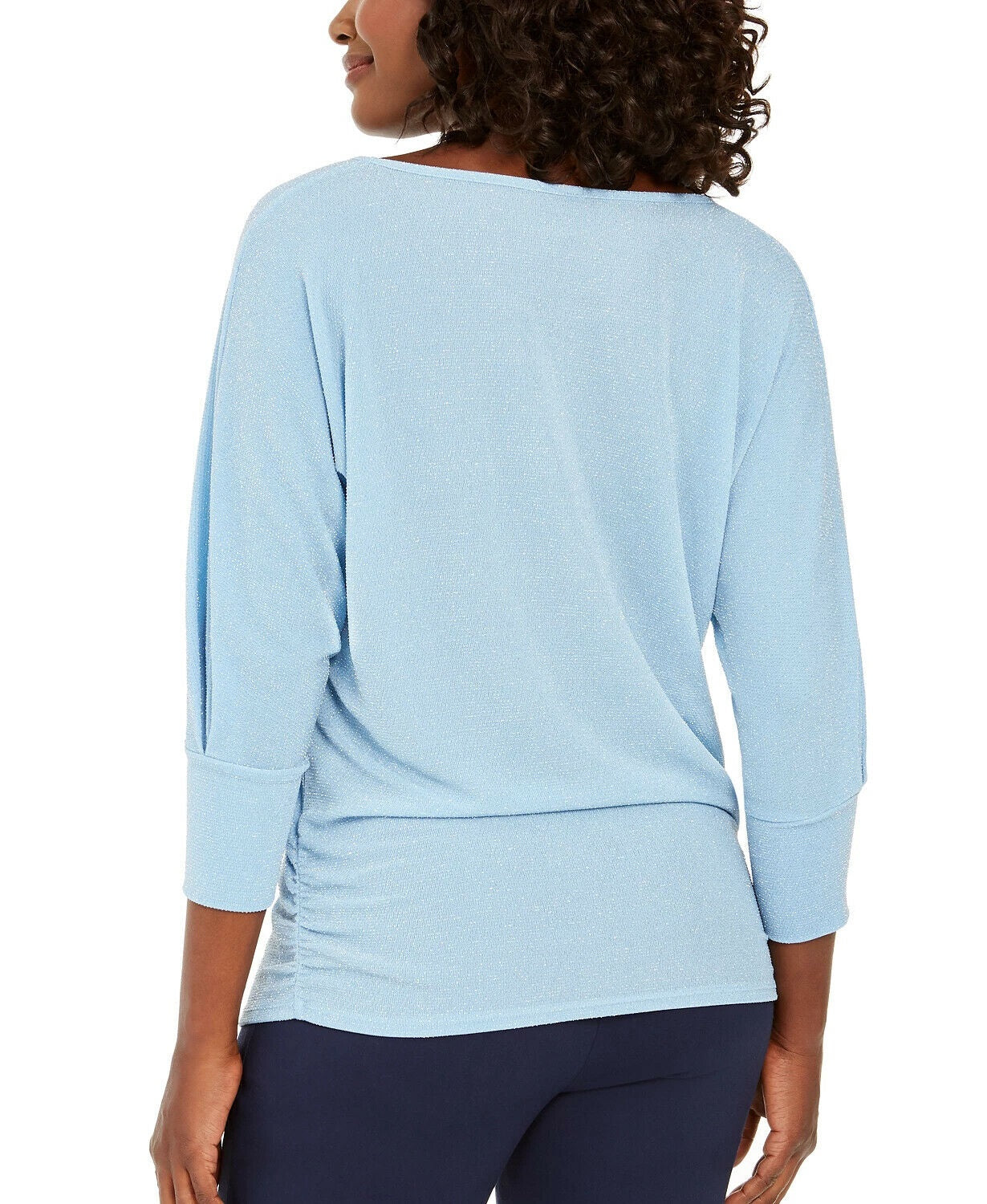 JM Women's Collection Top metálico com decote canoa azul tamanho pequeno