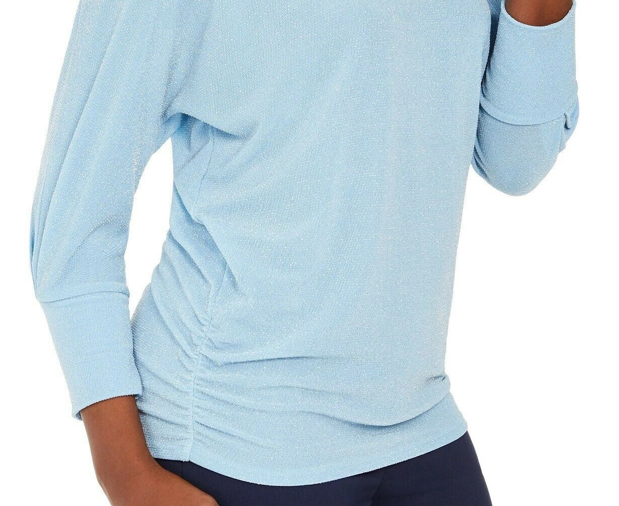 JM Women's Collection Top metálico com decote canoa azul tamanho pequeno
