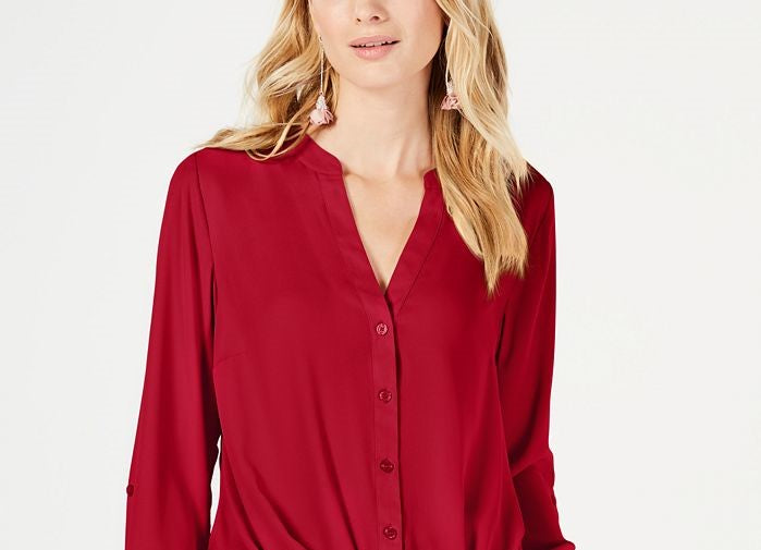 Blusa feminina com botões e estampa frontal Petite Twist da INC International Concepts, tamanho Petite, vermelha