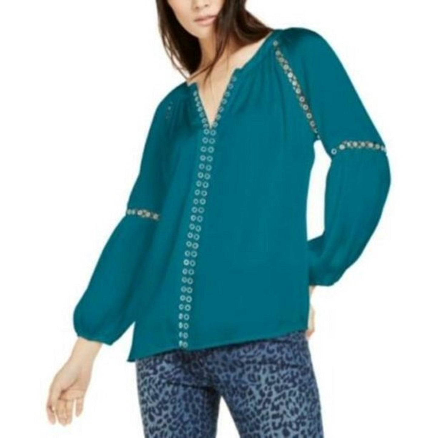 Blusa camponesa feminina com ilhós e acabamento em ilhós, verde, tamanho extragrande, da INC International Concepts