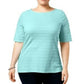 Charter Club Blusa feminina de algodão texturizado com listras e mangas curtas, turquesa/azul-marinho, tamanho grande